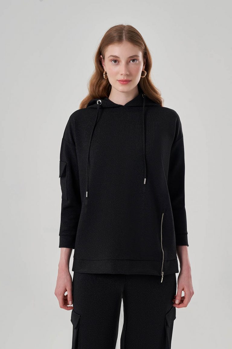 Mizalle Simli Siyah Fermuar Detaylı Kapüşonlu Sweatshirt - Mizalle