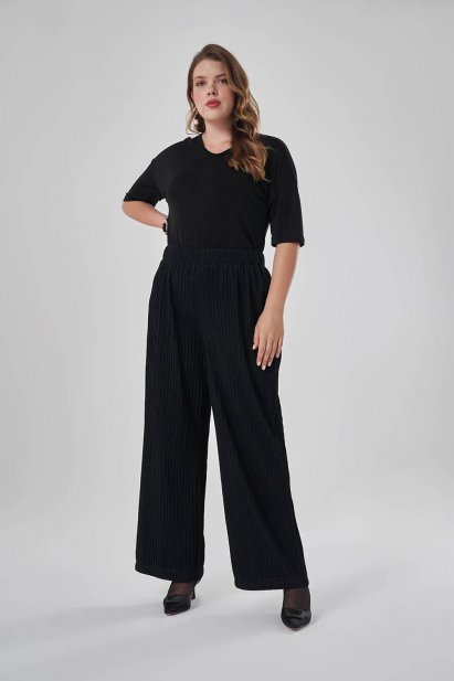 Mizalle Siyah Simli Fitilli Büyük Beden Beli Lastikli Pantolon - Mizalle