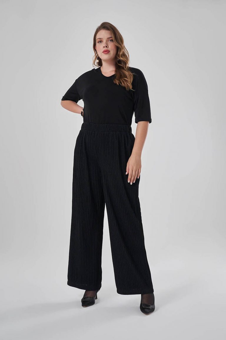 Mizalle Siyah Simli Fitilli Büyük Beden Beli Lastikli Pantolon - Mizalle