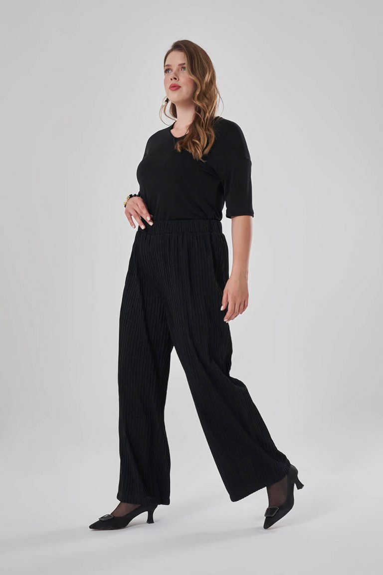 Mizalle Siyah Simli Fitilli Büyük Beden Beli Lastikli Pantolon - Mizalle