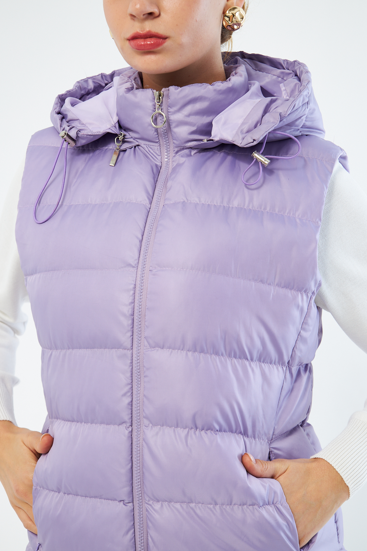 Mizalle Lila Puffa Dolgulu Şişme Şapkalı Yelek