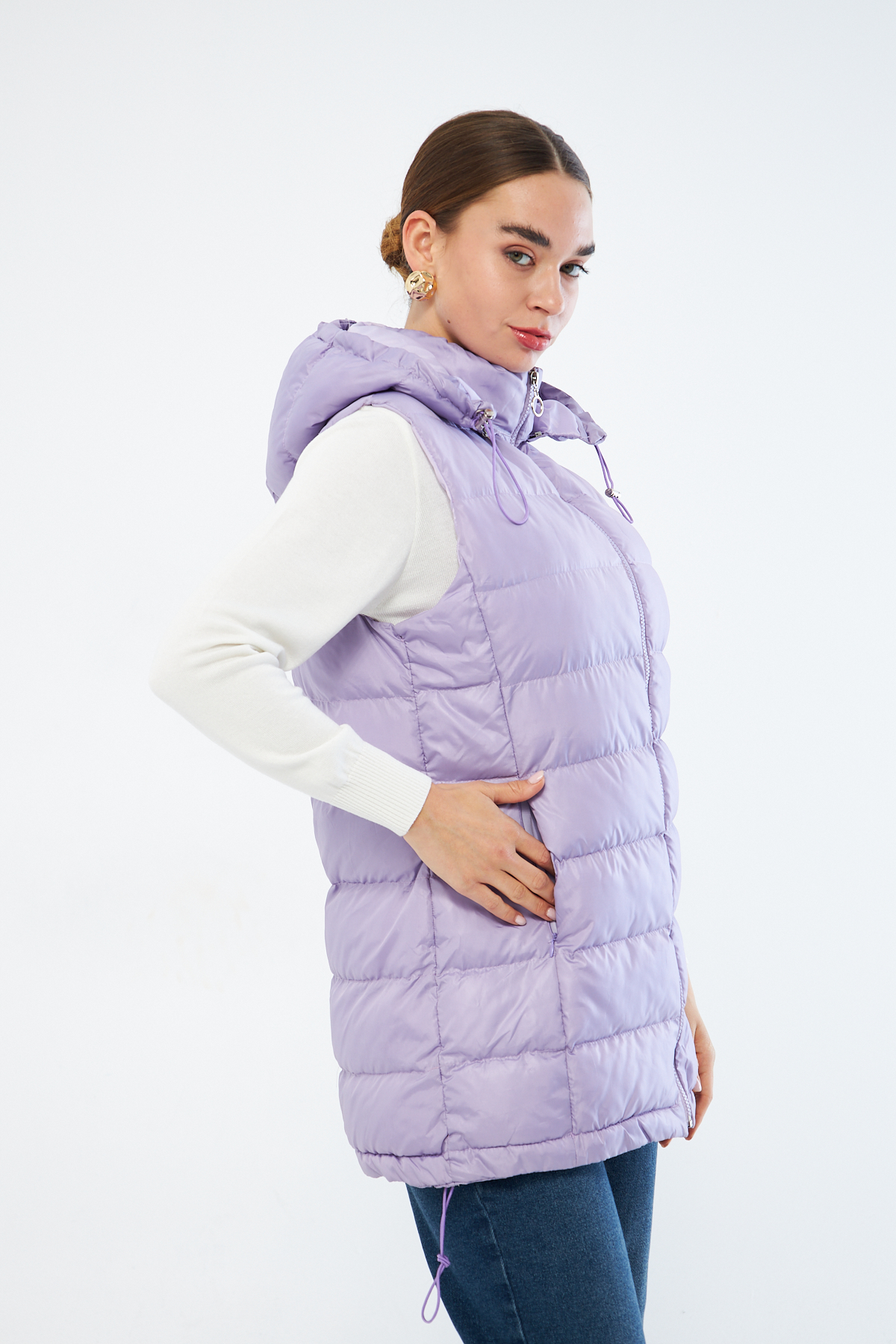 Mizalle Lila Puffa Dolgulu Şişme Şapkalı Yelek