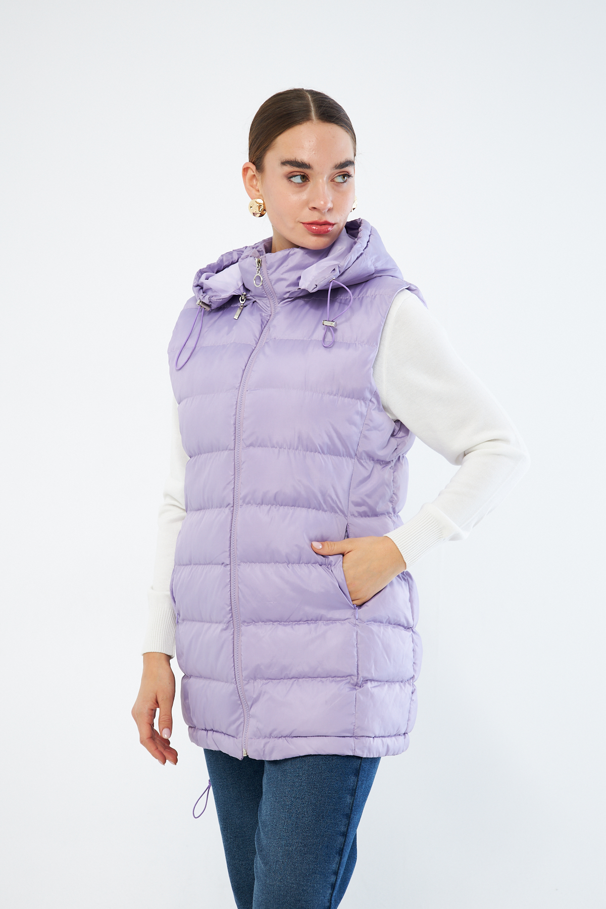 Mizalle Lila Puffa Dolgulu Şişme Şapkalı Yelek
