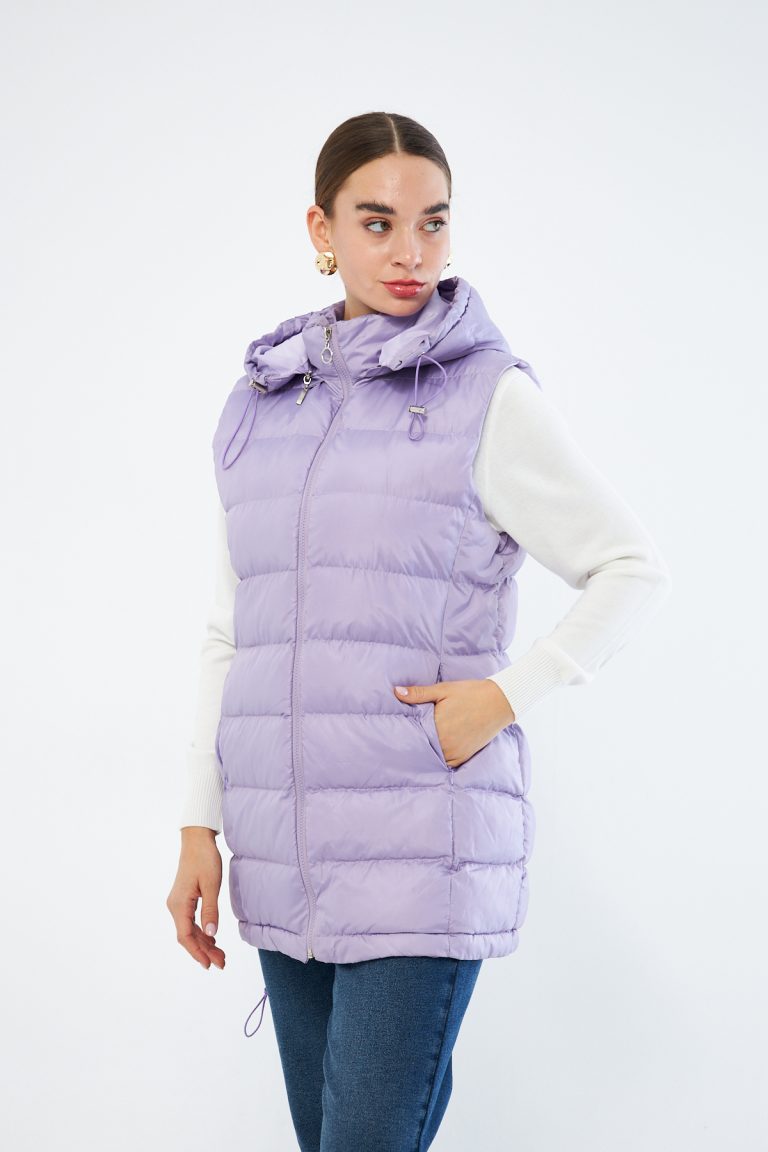Mizalle Lila Puffa Dolgulu Şişme Şapkalı Yelek - Mizalle