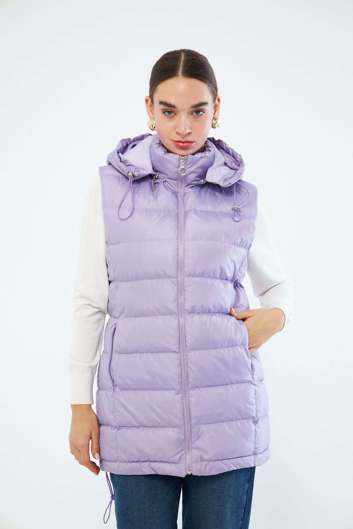 Mizalle Lila Puffa Dolgulu Şişme Şapkalı Yelek