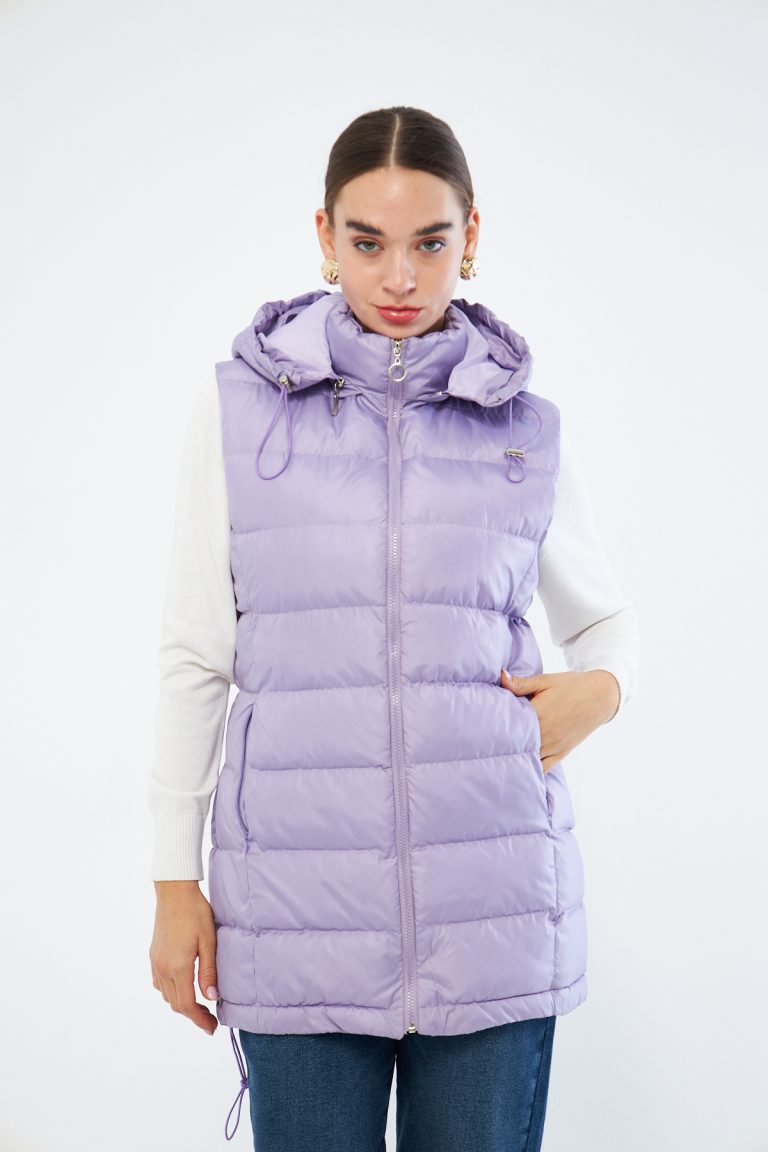 Mizalle Lila Puffa Dolgulu Şişme Şapkalı Yelek - Mizalle