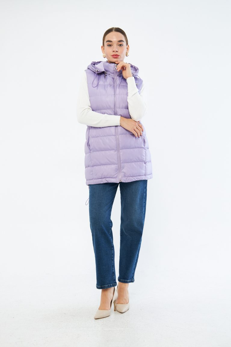 Mizalle Lila Puffa Dolgulu Şişme Şapkalı Yelek - Mizalle