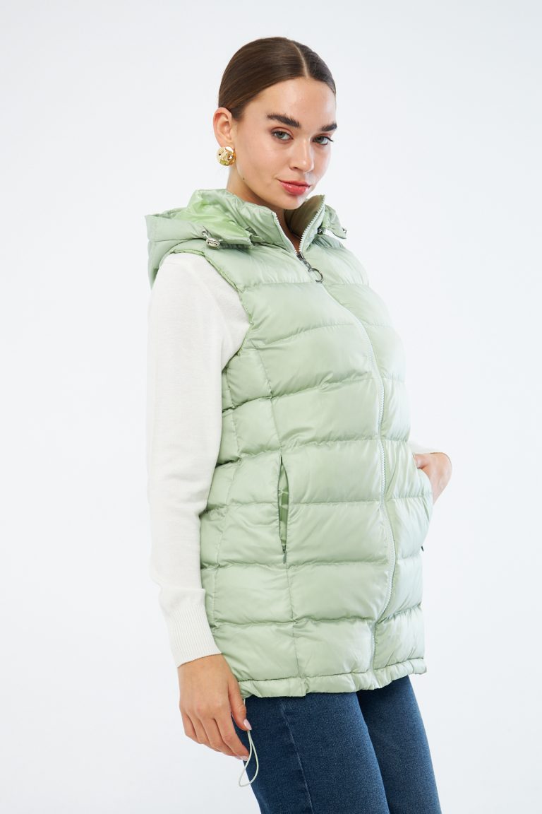 Mizalle Yeşil Puffa Dolgulu Şişme Şapkalı Yelek - Mizalle