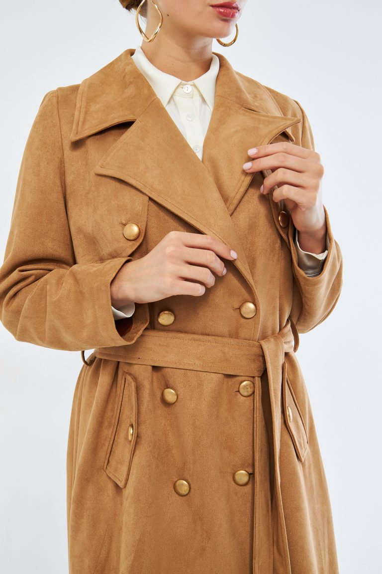 Süet Dokulu Vizon Trençkot - Mizalle