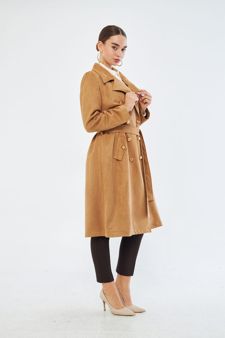 Süet Dokulu Vizon Trençkot - Mizalle