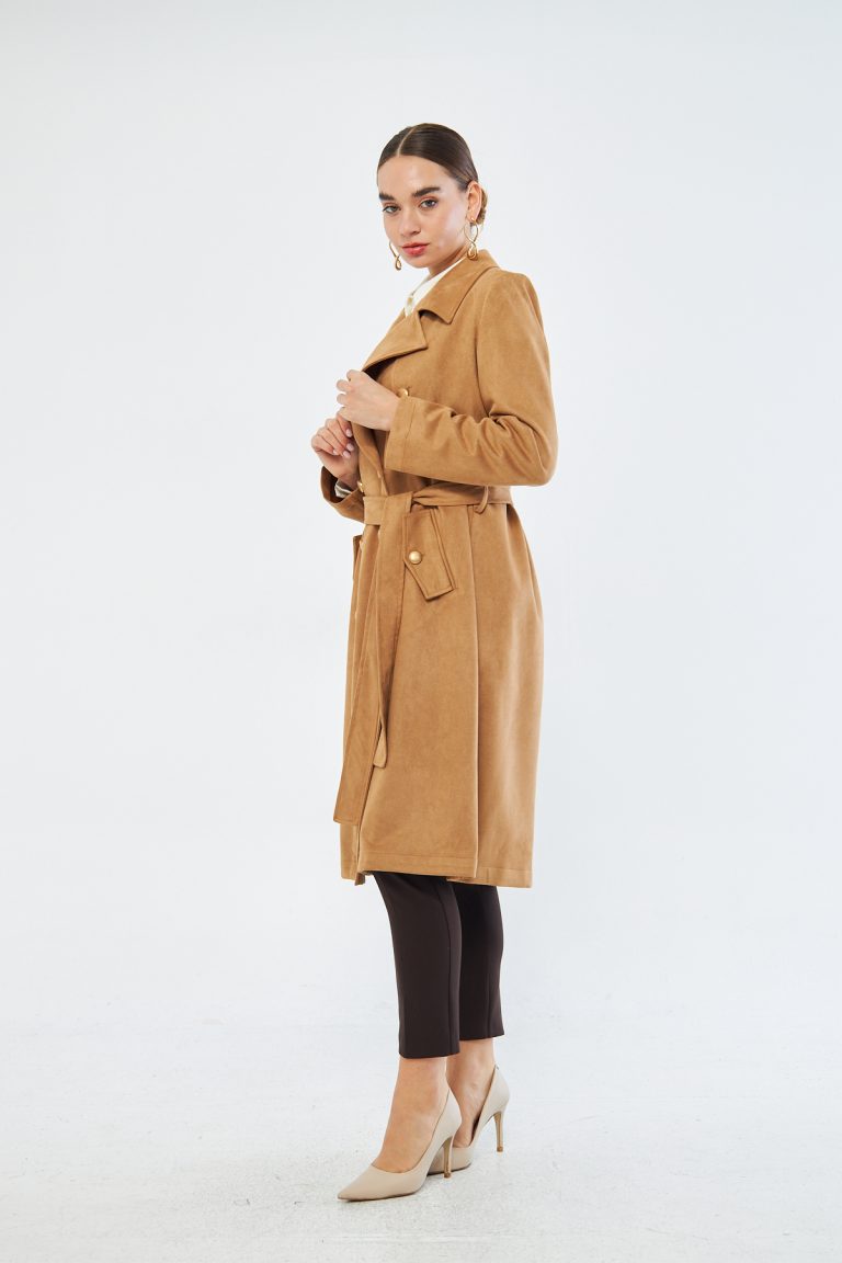 Süet Dokulu Vizon Trençkot - Mizalle