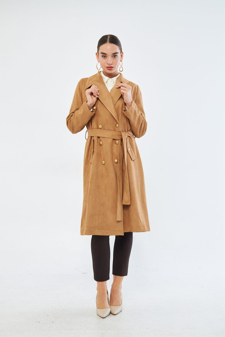 Süet Dokulu Vizon Trençkot - Mizalle