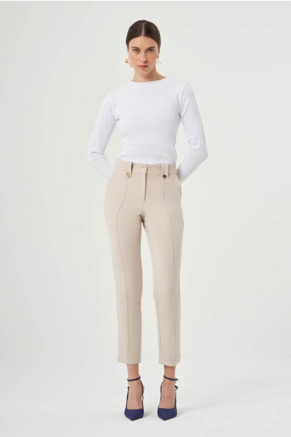 Mizalle Dikiş Detaylı Bej Rengi Dar Kesim Pantolon - Mizalle