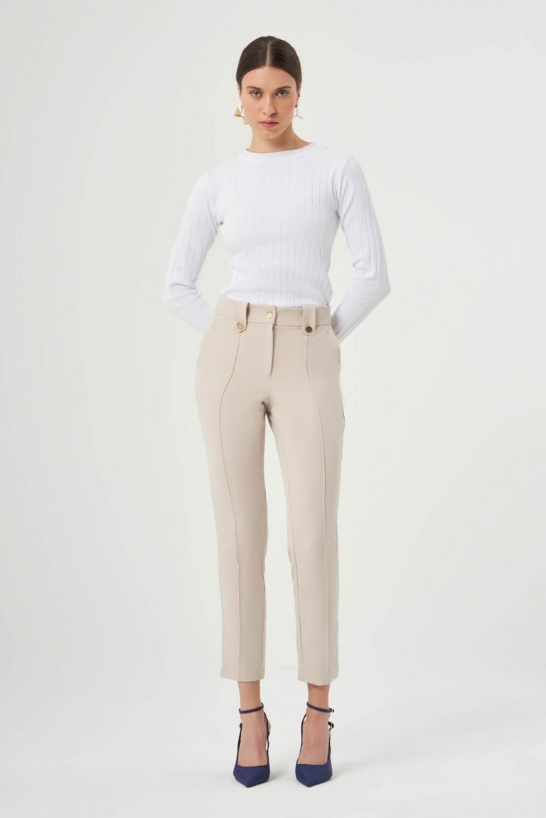 Mizalle Dikiş Detaylı Bej Rengi Dar Kesim Pantolon - Mizalle