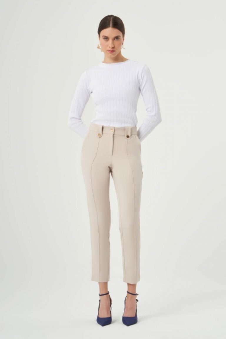 Mizalle Dikiş Detaylı Bej Rengi Dar Kesim Pantolon - Mizalle