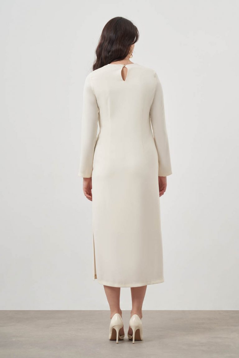 Mizalle Yaka Detaylı Krep Maksi Ekru Elbise - Mizalle