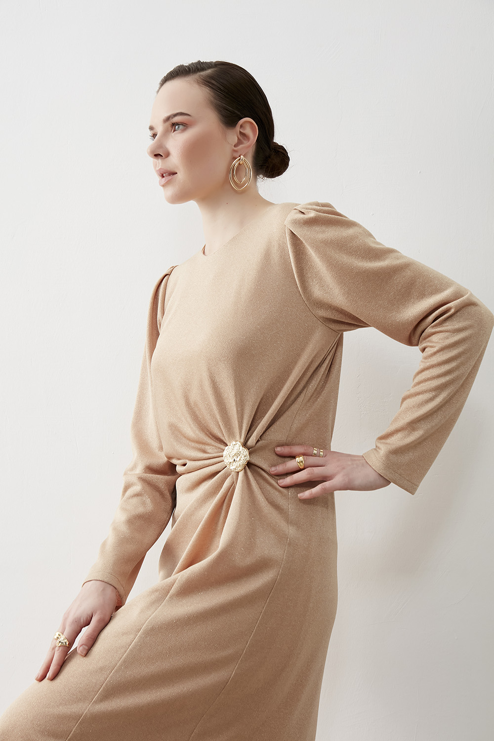 Taş Detaylı Simli Bej Elbise - Mizalle