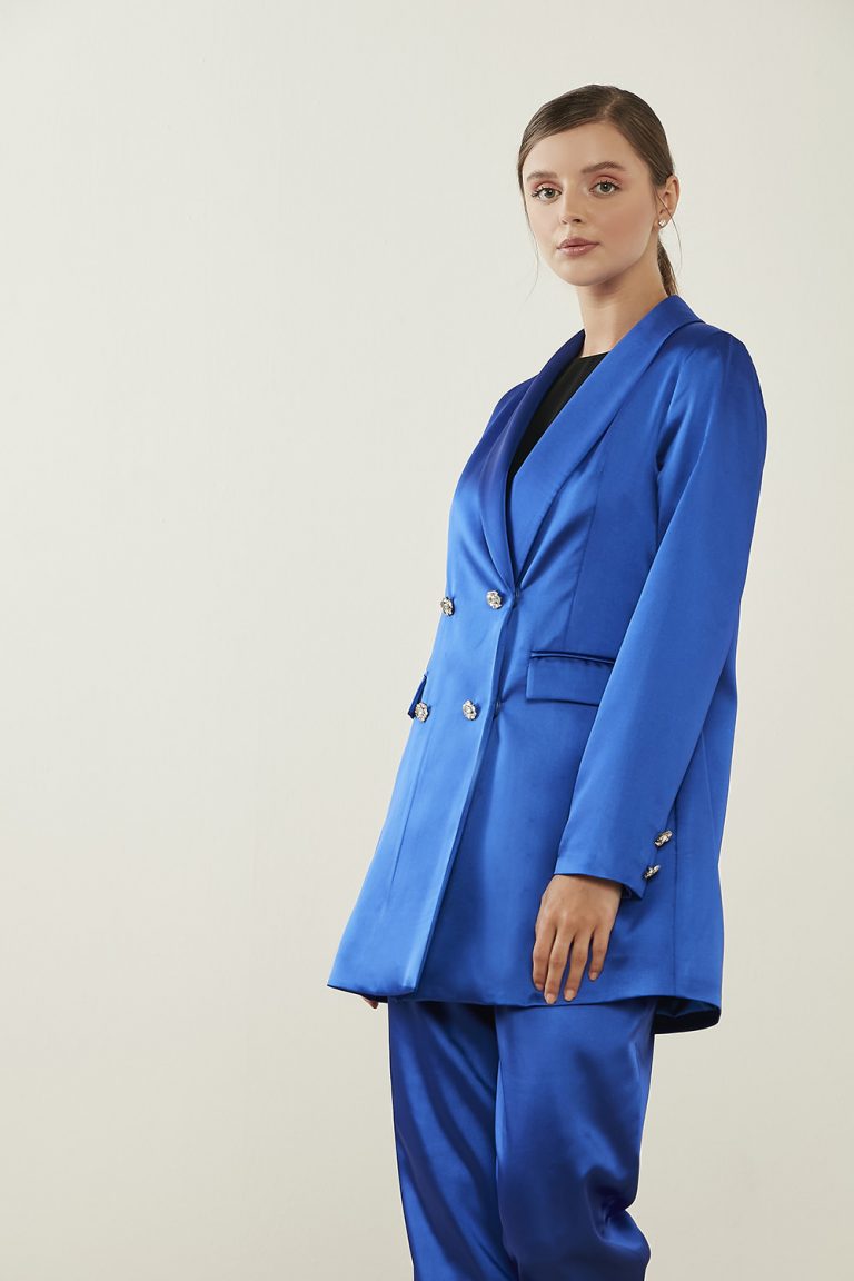 Mizalle Parlak Taş Düğmeli Saks Mavi Kruvaze Saten Abiye Ceket - Mizalle