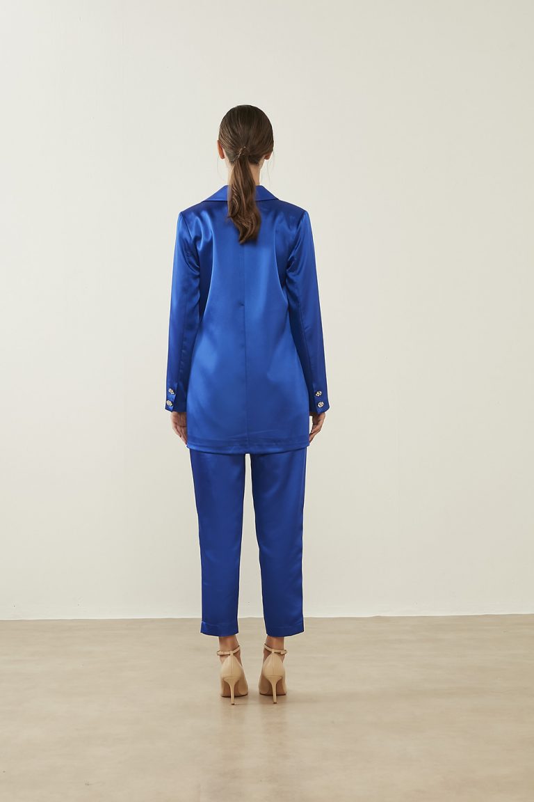 Mizalle Parlak Taş Düğmeli Saks Mavi Kruvaze Saten Abiye Ceket - Mizalle