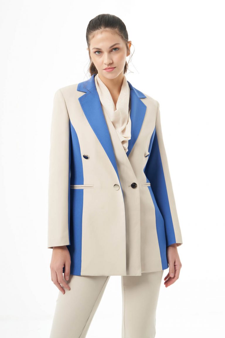 Mizalle Renk Bloklu Özel Tasarım Bej&İndigo Kruvaze Ceket - Mizalle