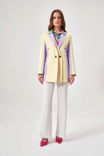 Mizalle - Mizalle Renk Bloklu Özel Tasarım Sarı&Lila Kruvaze Ceket