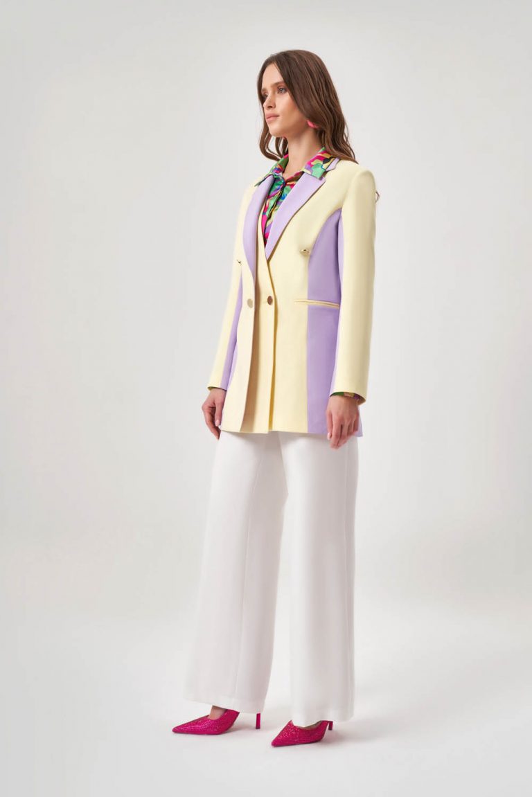 Mizalle Renk Bloklu Özel Tasarım Sarı&Lila Kruvaze Ceket - Mizalle