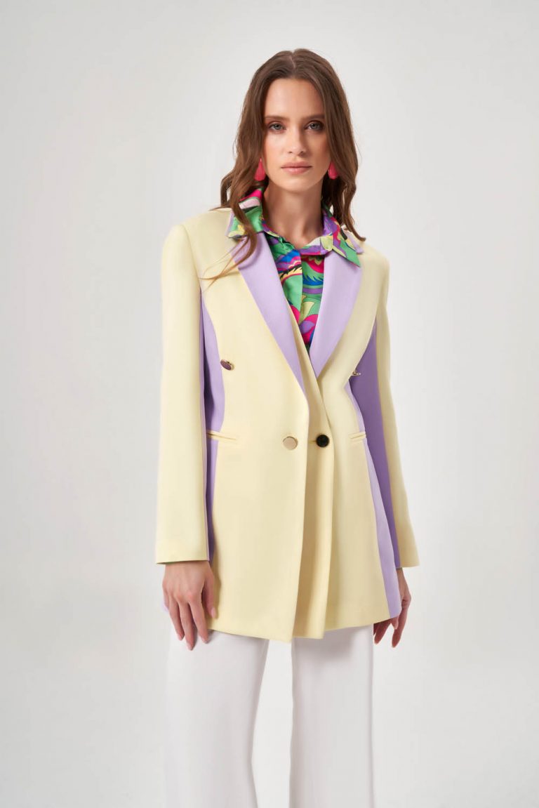 Mizalle Renk Bloklu Özel Tasarım Sarı&Lila Kruvaze Ceket - Mizalle
