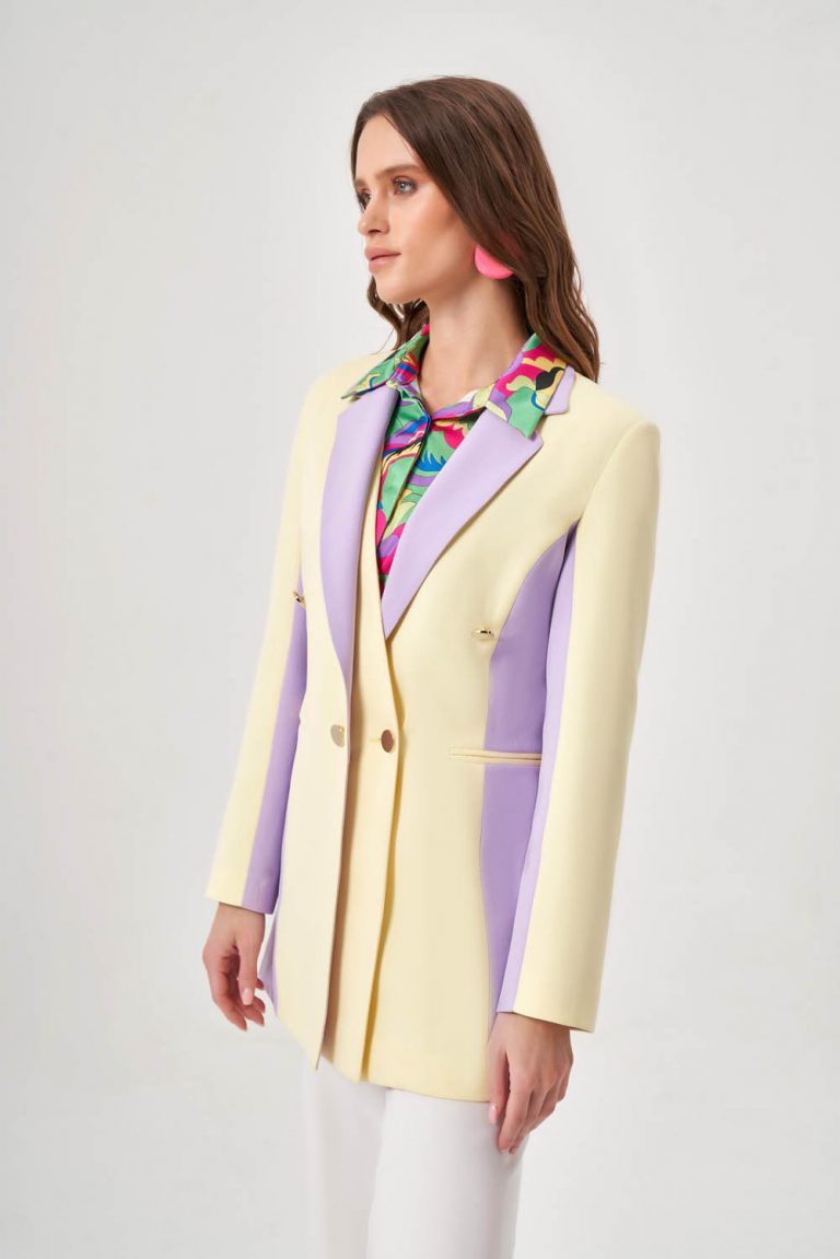 Mizalle Renk Bloklu Özel Tasarım Sarı&Lila Kruvaze Ceket - Mizalle