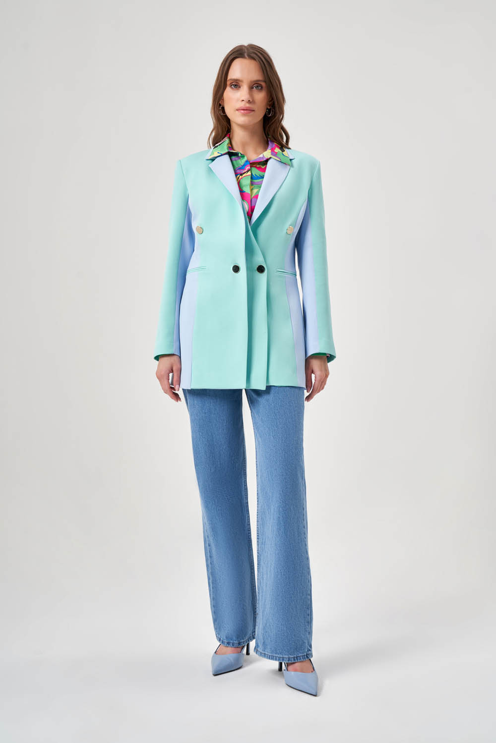 Renk Bloklu Yeşil/Mavi Blazer Ceket