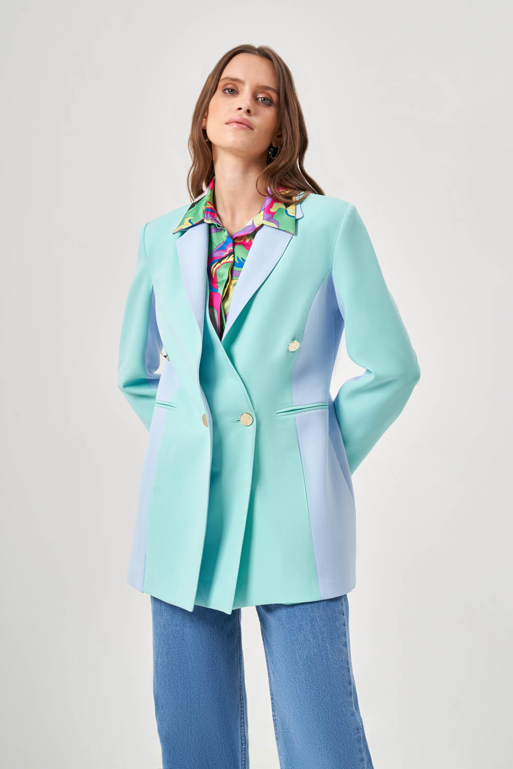Renk Bloklu Yeşil/Mavi Blazer Ceket