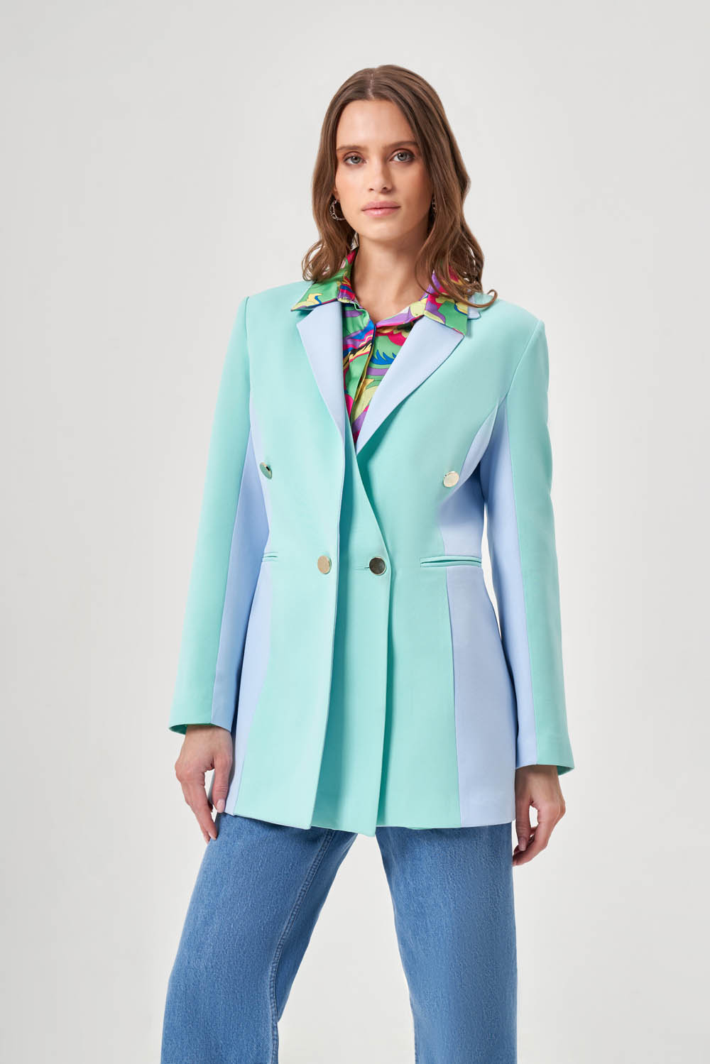 Renk Bloklu Yeşil/Mavi Blazer Ceket