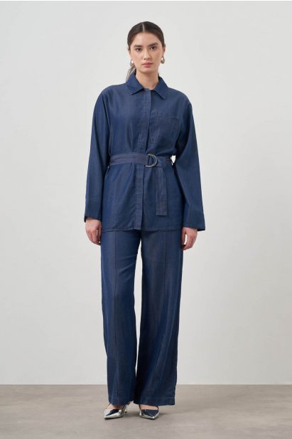 Mizalle Denim Görünümlü İndigo Mavi Kemerli Pamuk Tunik - Mizalle