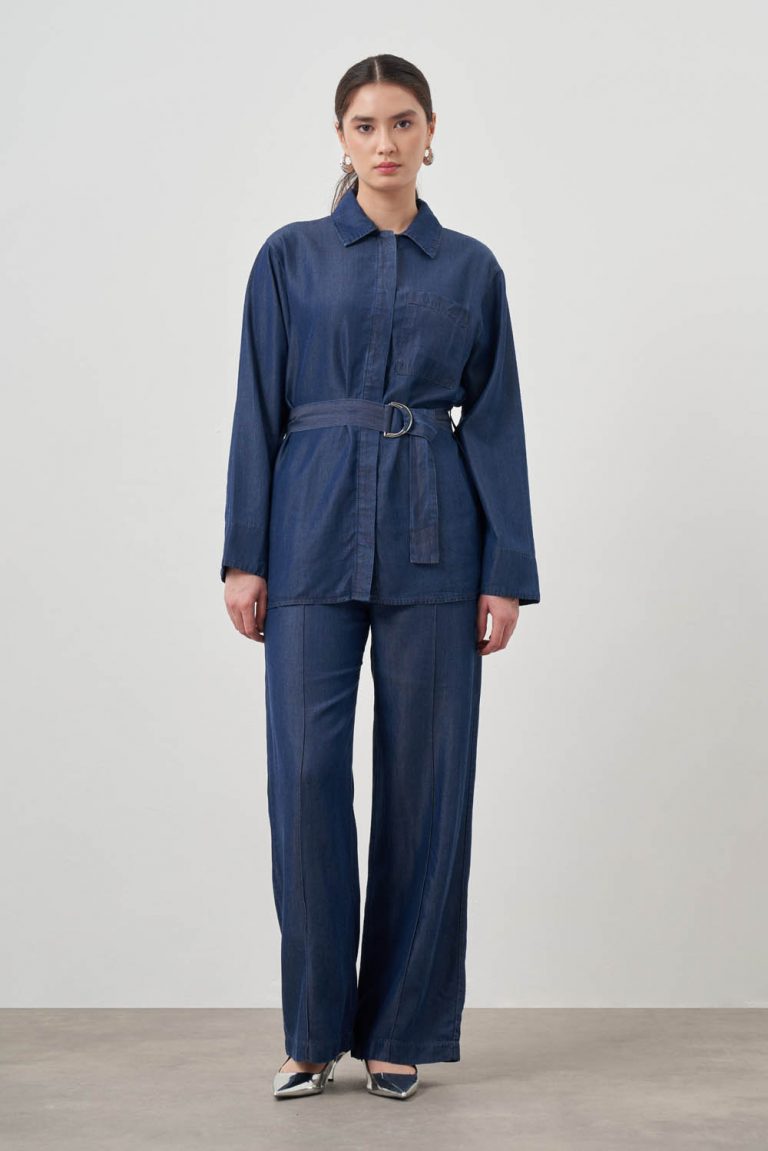 Mizalle Denim Görünümlü İndigo Mavi Kemerli Pamuk Tunik - Mizalle