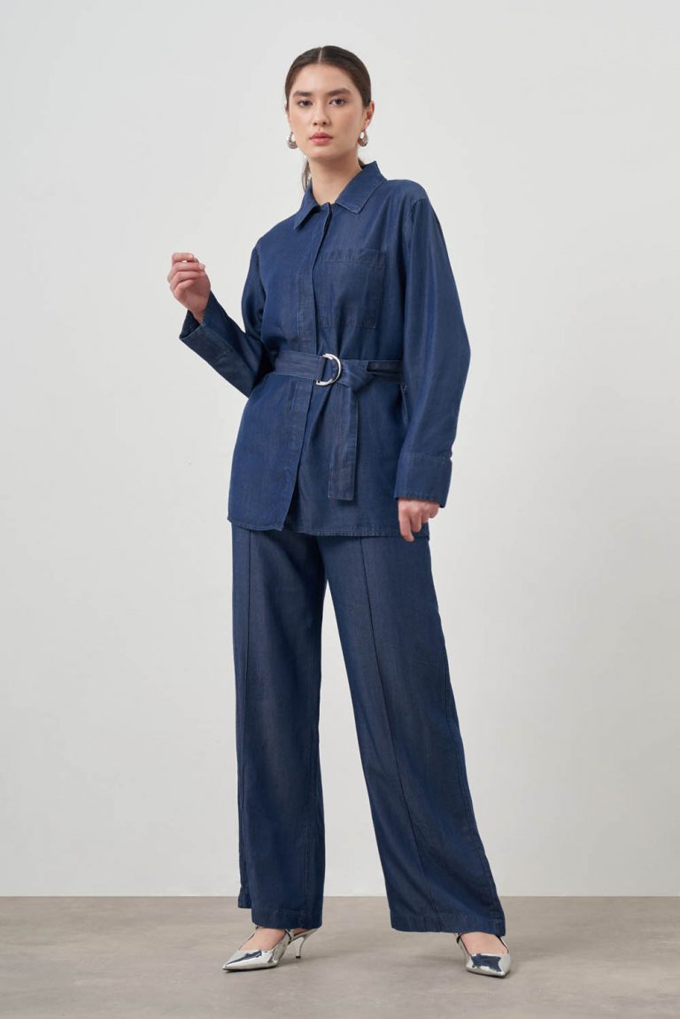 Mizalle Denim Görünümlü İndigo Mavi Kemerli Pamuk Tunik - Mizalle