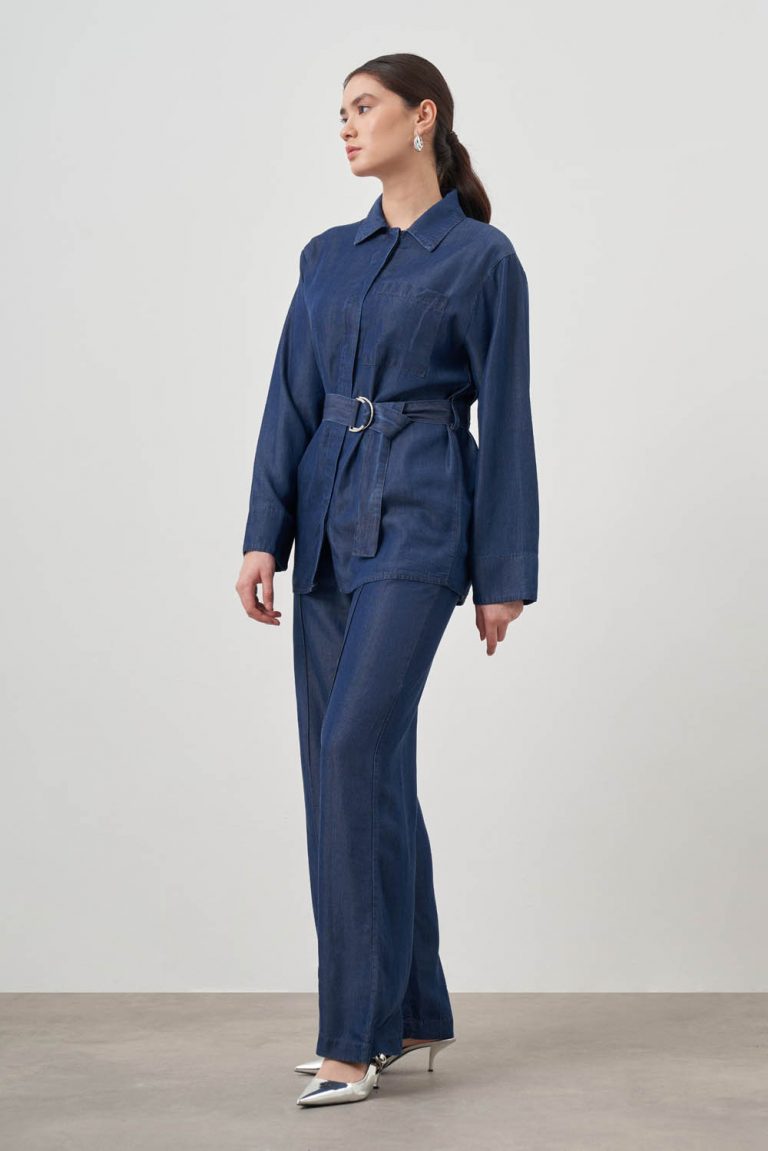 Mizalle Denim Görünümlü İndigo Mavi Kemerli Pamuk Tunik - Mizalle