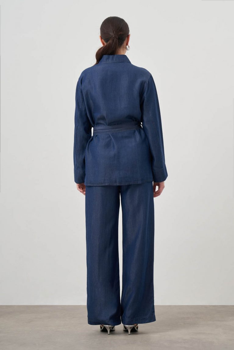 Mizalle Denim Görünümlü İndigo Mavi Kemerli Pamuk Tunik - Mizalle