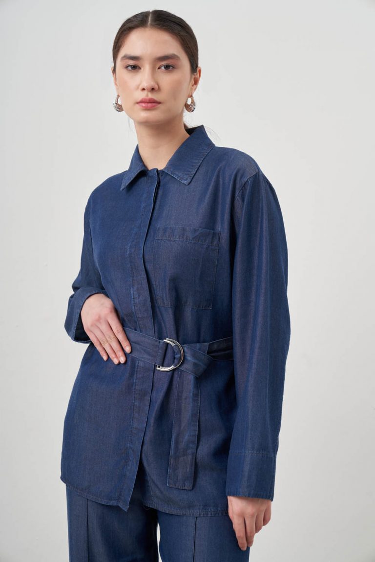 Mizalle Denim Görünümlü İndigo Mavi Kemerli Pamuk Tunik - Mizalle