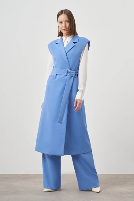 Mizalle - Mizalle Kemerli Uzun Mavi Anvelop Yelek