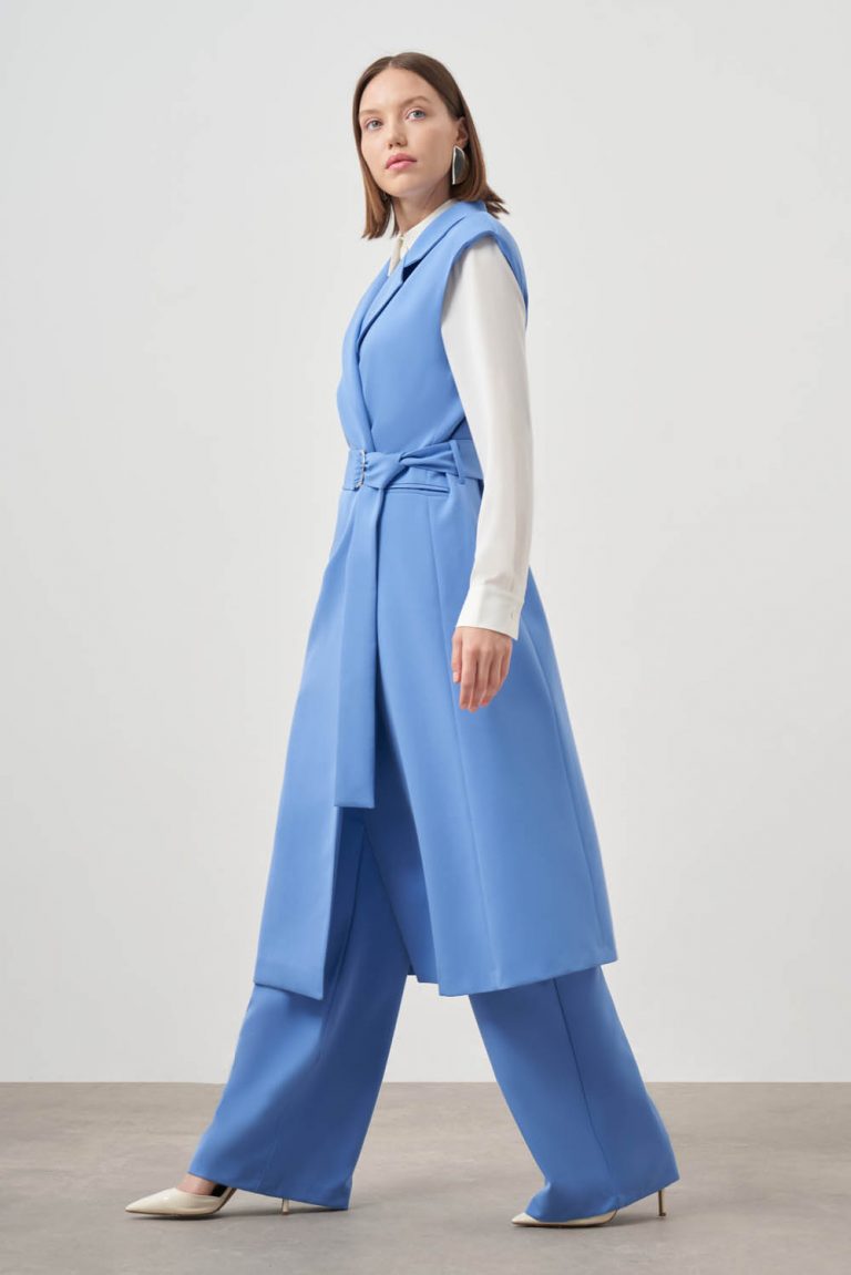 Mizalle Kemerli Uzun Mavi Anvelop Yelek - Mizalle