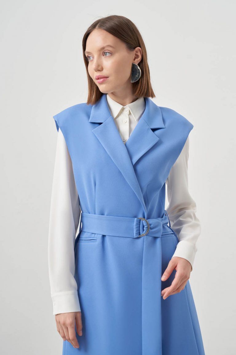Mizalle Kemerli Uzun Mavi Anvelop Yelek - Mizalle