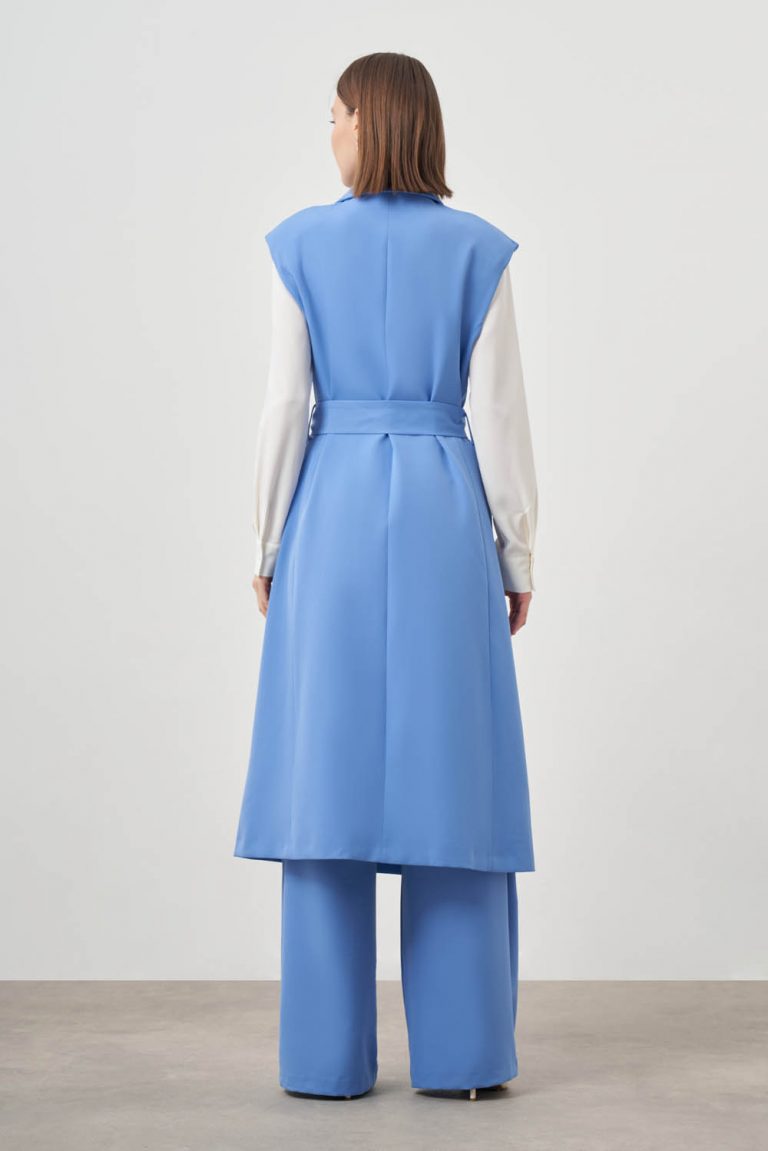 Mizalle Kemerli Uzun Mavi Anvelop Yelek - Mizalle