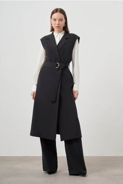 Tokalı Double Uzun Siyah Yelek - Mizalle