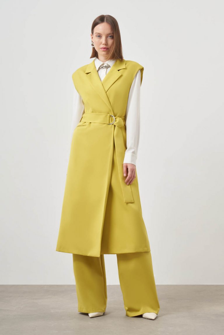 Mizalle Kemerli Uzun Yağ Yeşili Anvelop Yelek - Mizalle