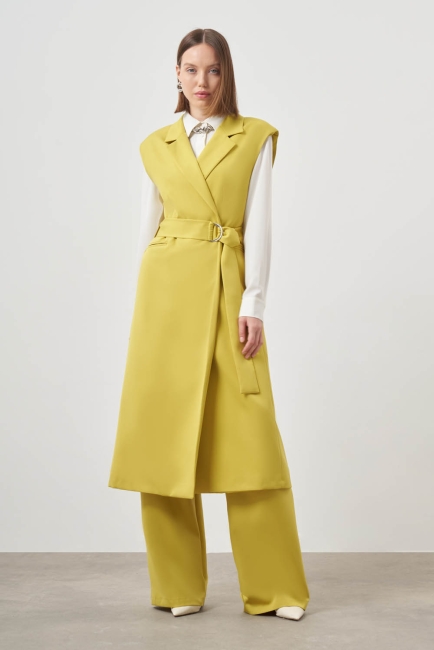 Mizalle - Mizalle Kemerli Uzun Yağ Yeşili Anvelop Yelek