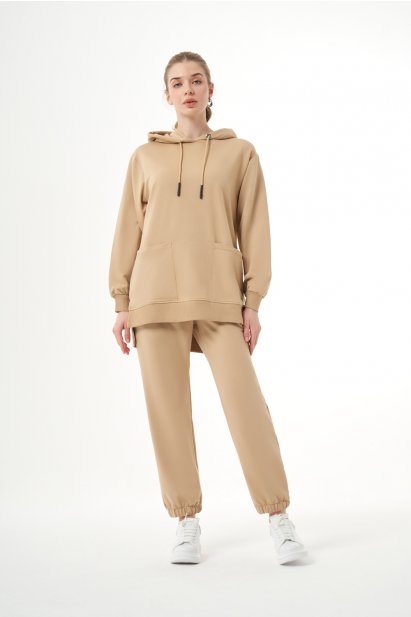 Mizalle Kapüşonlu Torba Cepli Bej Rengi Sweatshirt - Mizalle