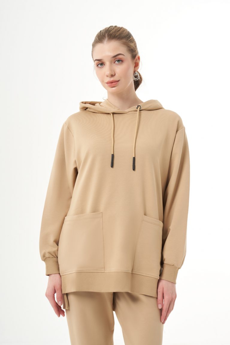 Mizalle Kapüşonlu Torba Cepli Bej Rengi Sweatshirt - Mizalle