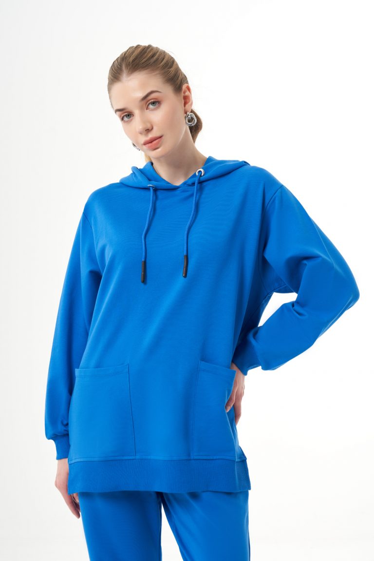 Mizalle Kapüşonlu Torba Cepli Mavi Sweatshirt - Mizalle
