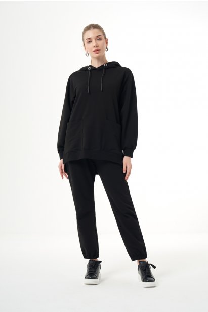 Mizalle Kapüşonlu Torba Cepli Siyah Sweatshirt - Mizalle