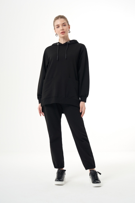 Mizalle - Mizalle Kapüşonlu Torba Cepli Siyah Sweatshirt Mizalle - Mizalle Kapüşonlu Torba Cepli Siyah Sweatshirt