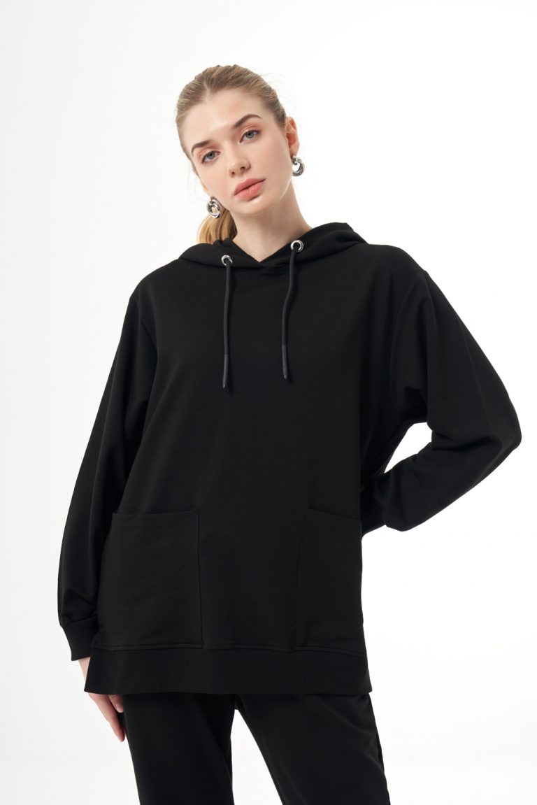 Mizalle Kapüşonlu Torba Cepli Siyah Sweatshirt - Mizalle